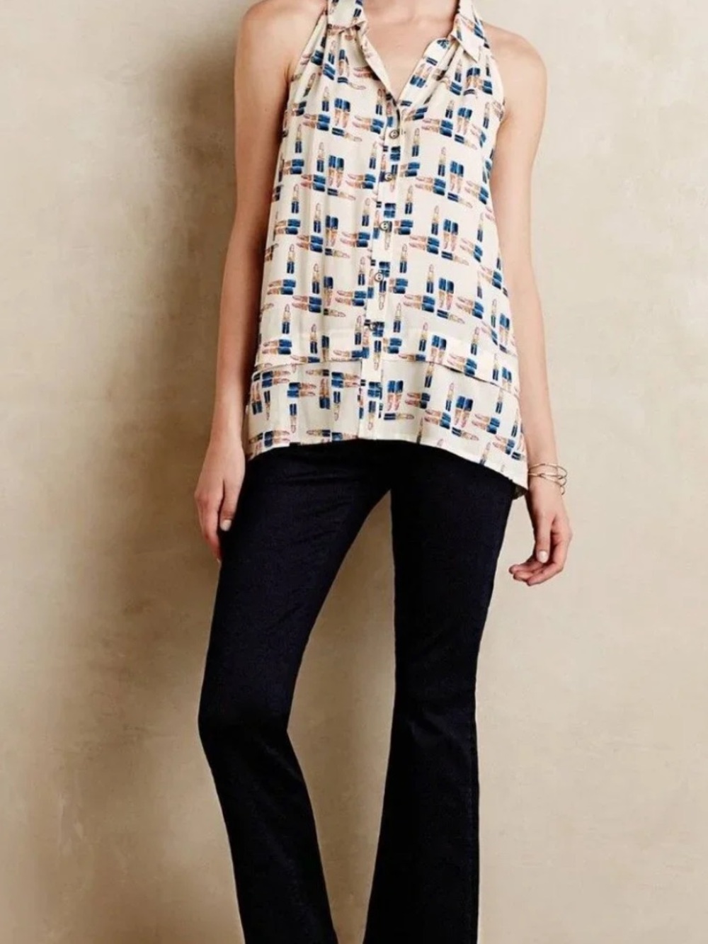 Anthropology Maeve | Women’s Cream Tensi Lipstick Print Halter Button-Up Top Sz2